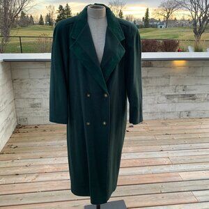 Vintage Forest Green Wool Suede Trim Double Breasted Overcoat Maxi Trench Coat